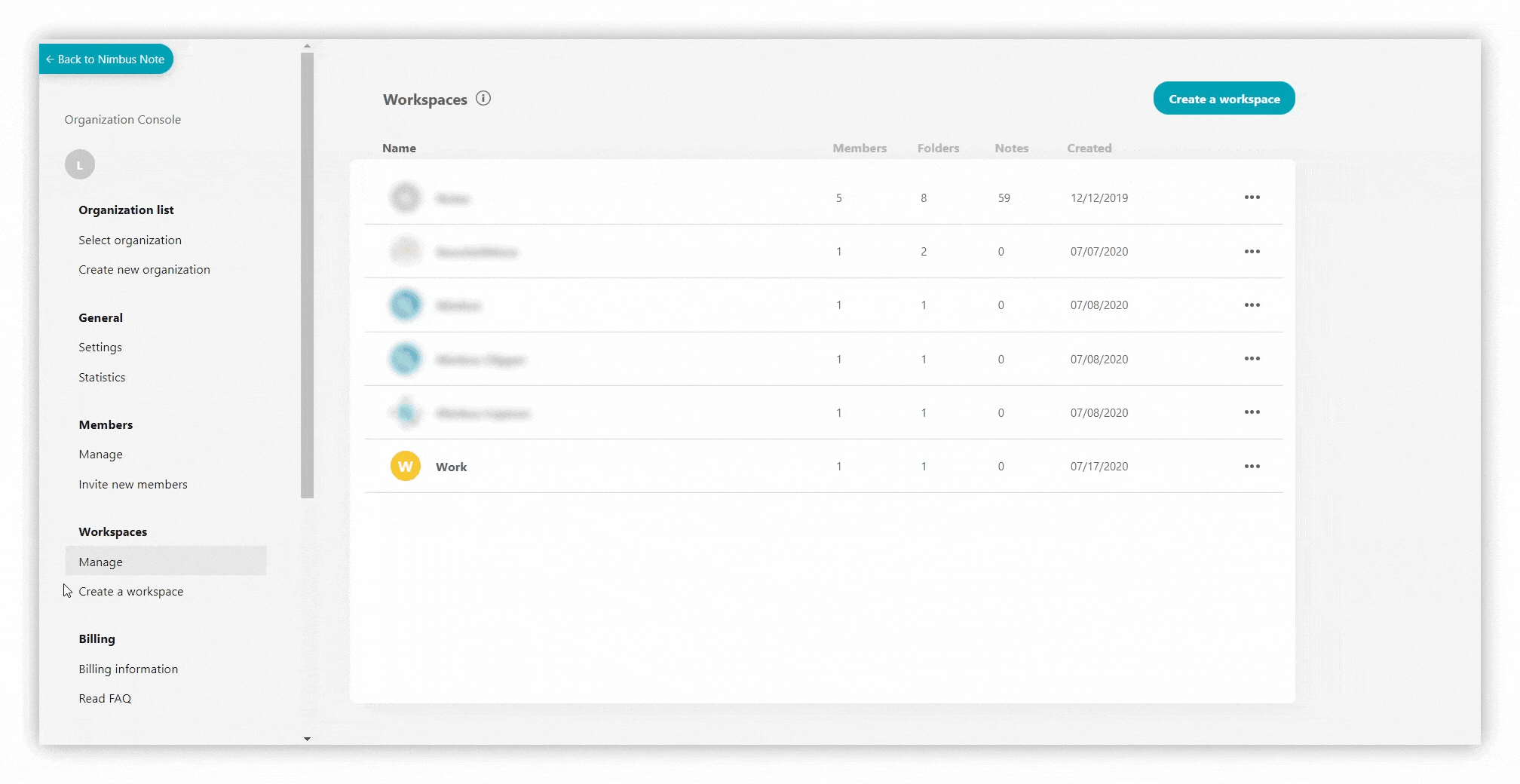 To manage workspaces you need to go to the Manage section.